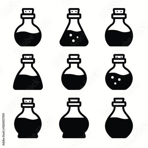 Collection of simple alchemical flask and vial icons. Potion bottle silhouettes for science or magic.