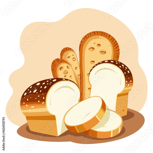 Sliced bread loaves with crust on a light colorful background  