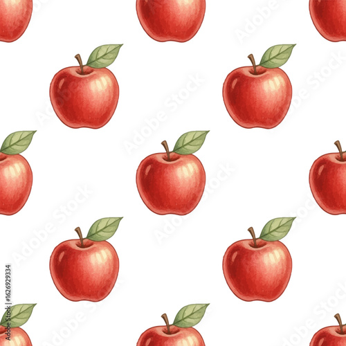 Bright red apples with green leaves seamless vector pattern.