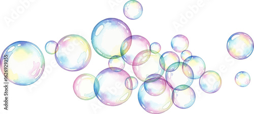 Group of iridescent soap bubbles floating and overlapping against a clean white background.
