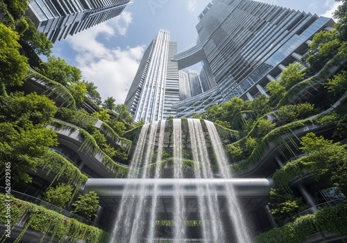 Modern skyscraper with a vertical garden facade, promoting green architecture.