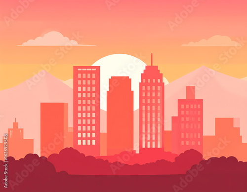 Flat design cityscape with golden hour tones