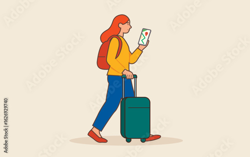 Ilustración de una mujer viajera con una maleta consultando un mapa en su smartphone. Turismo moderno, navegación digital y exploración urbana. Apps de viaje, blogs turísticos y contenido editorial.