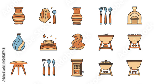 Pottery and ceramic craft icon set, featuring vases, raw clay, artisan tools, and kilns. Includes outdoor grills, ideal for illustrating creative hobbies and traditional art