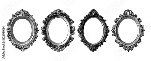 Ornate vintage gothic mirror frames with stippled halftone texture. Vector illustration of antique Victorian oval borders in retro baroque style for banner design, collage art, decorative element