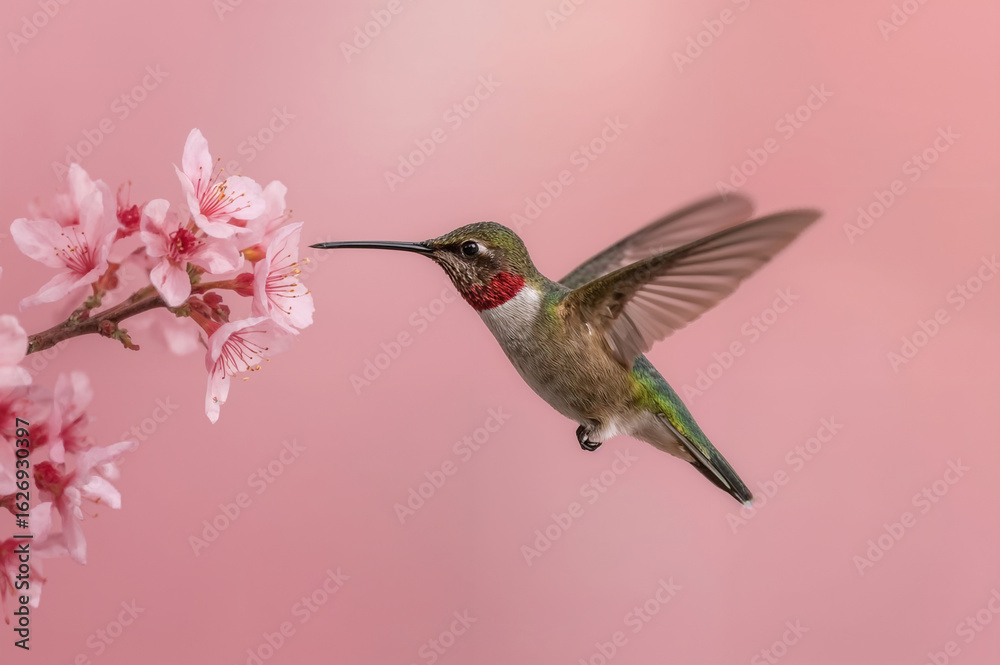 Naklejka premium Hummingbird in mid flight approaching pink cherry blossoms with iridescent feathers and soft pastel bokeh background