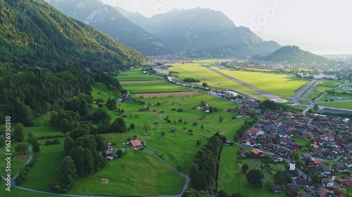 Aerial View of Interlaken, Switzerland Between Lake Thun and Lake Brienz with Alpine Mountains