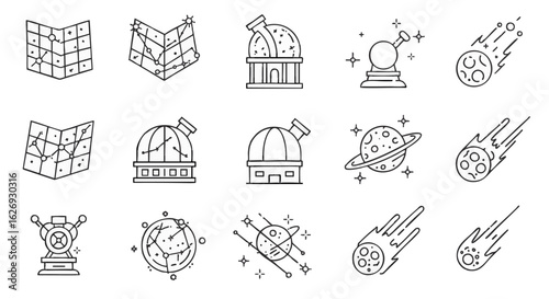 Vector illustration of astronomy-themed icons, ideal for educational resources or scientific projects