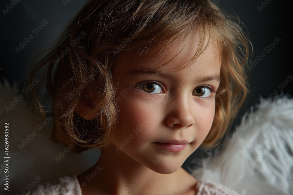 Caucasian female child with curly hair and angelic wings in soft lighting Caucasian female child with curly hair and angelic wings in soft lighting