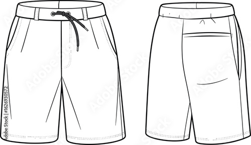 Men’s shorts CAD drawing, flat vector illustration, front and back views, drawstring waist, pockets, summer fashion, casual, stylish, versatile