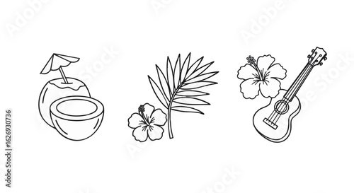 Tropical Summer Vibes Coconut, Hibiscus, Palm, Ukulele Line Art