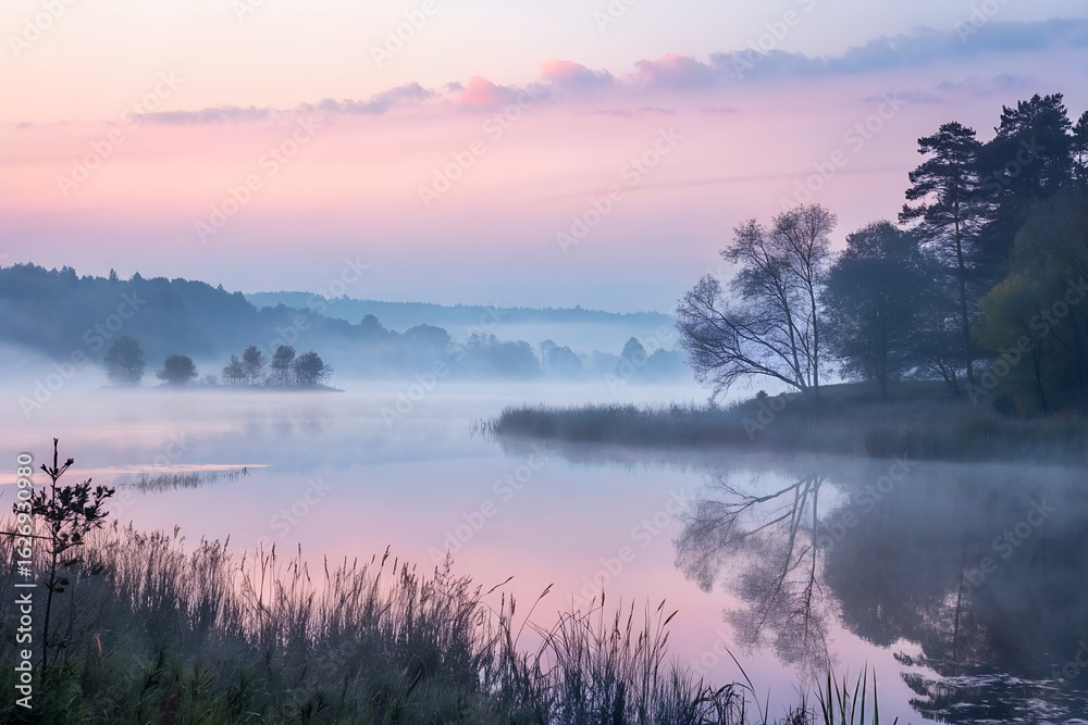 Fototapeta premium Dreamy misty sunrise over tranquil lake perfect for meditation retreats or calming nature scenes with gorgeous reflections, quiet morning inspiration