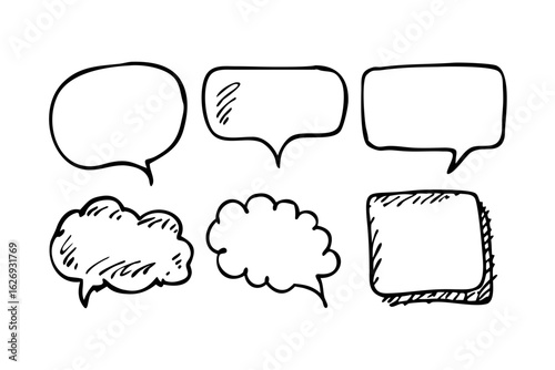 Hand-drawn speech bubble set:  sketch style, blank, communication concept.