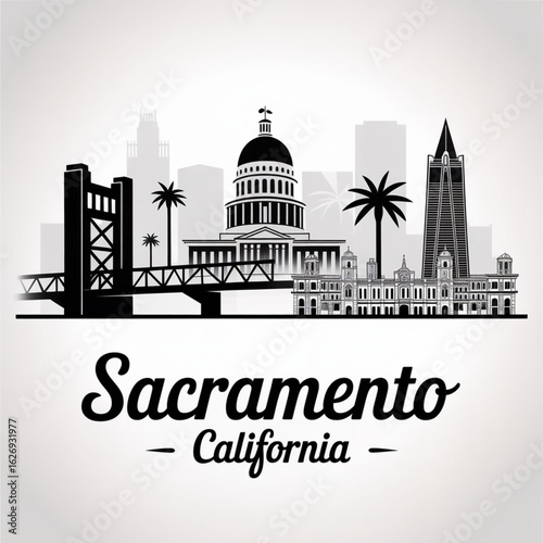 Sacramento Skyline Silhouette - Iconic California Capital City Vector Illustration Black and White