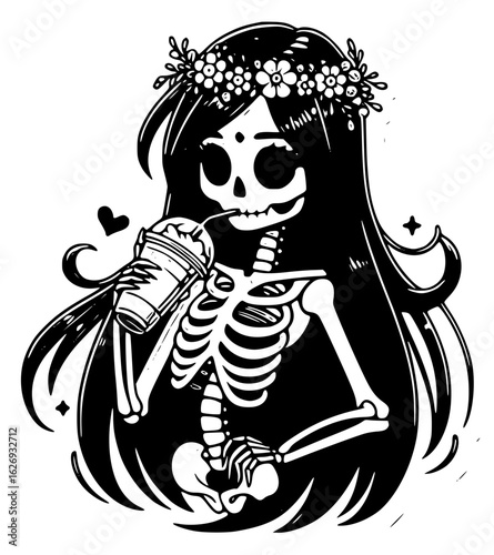 Skeleton girl drinking coffee