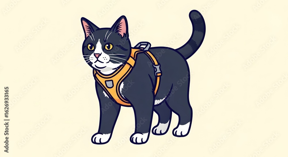 Fototapeta premium Cartoon cat standing and staring with yellow harness for domestic use, a cute cartoon cat illustration featuring animal. Cartoon cat is posing for pet owners, animal care,