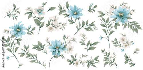 Blue and White small flowers, green leaves isolated on white background. Vintage Vector Floral Set Pattern. Hepatica, scilla, squill, chicory, flax. Delicate romantic  motif. Ornament vector.