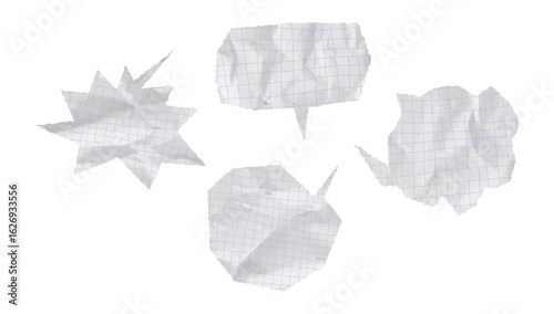 Wrinkled and crumpled torn paper speech balloons with square grid. Comic-style chat tags and note textures ideal for school cut-out graphics or handmade collage. Vector illustration