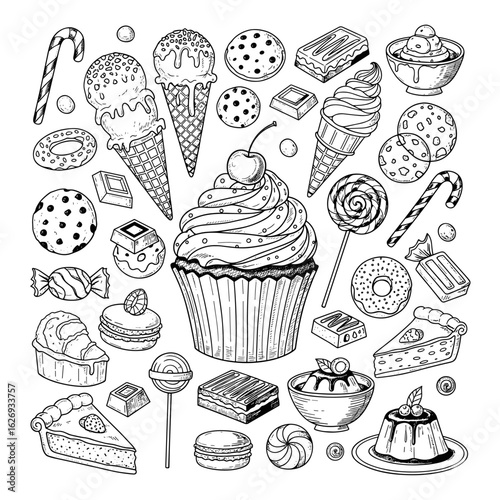 A delightful assortment of sweet treats and desserts rendered in a charming hand drawn sketch silhouette