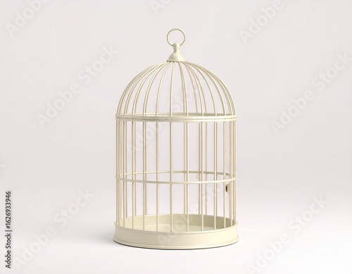 Vintage-style birdcage standing with an open door, symbolizing freedom or escape. Soft lighting and neutral backdrop. AI-generated.