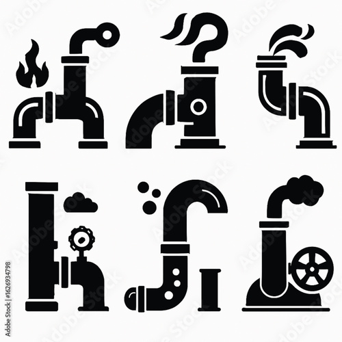 Industrial pipeline icon set. Collection of monochrome factory pipe and plumbing system glyphs.