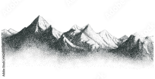 Abstract vintage snowy hills and grainy dotted mountain range with grunge texture overlay. Retro halftone vector landscape illustration featuring rocky terrain, natural peaks, creative pointillism