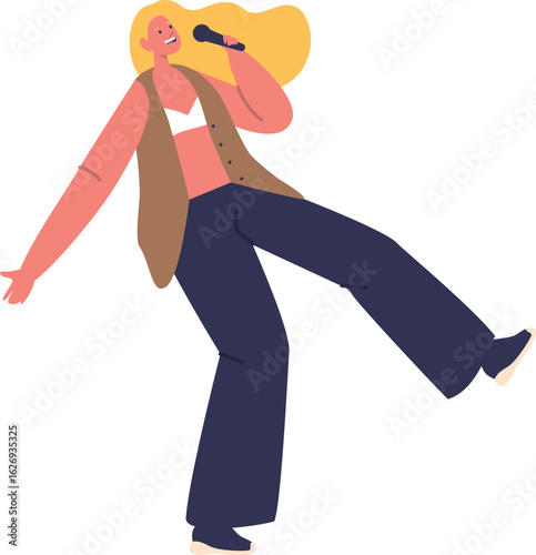 Young woman singing karaoke vector illustration