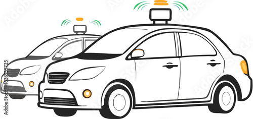 Two self driving cars with sensors on top and green waves indicating autonomous driving system working