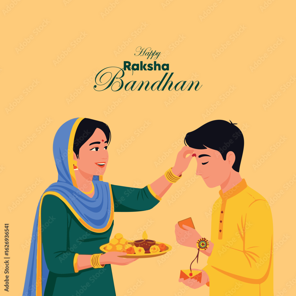 Sister applies tilak & gives gift to brother for Happy Raksha Bandhan. Illustrates traditional ritual, blessings, and sibling joy. Sister applies tilak & gives gift to brother for Happy Raksha Bandhan. Illustrates traditional ritual, blessings, and sibling joy.