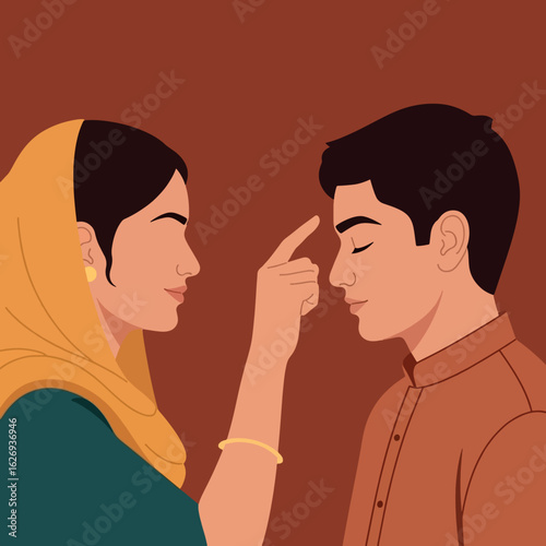 Sister applies tilak on brother's forehead for Raksha Bandhan. Illustrates traditional Hindu ritual, blessings, and sibling love.
