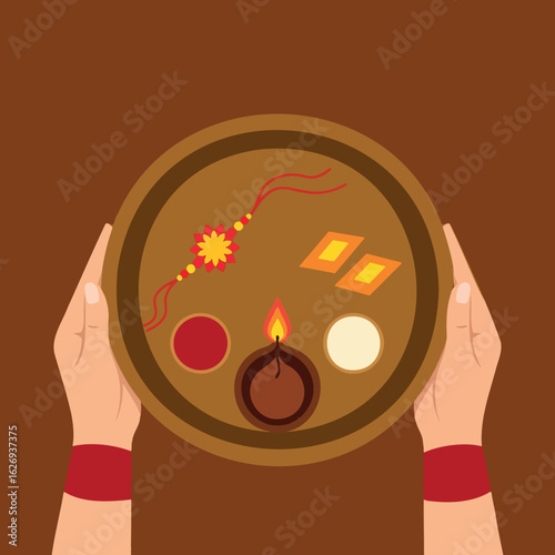 Woman holding traditional Raksha Bandhan puja thali with rakhi, diya, and sweets. Symbolizes festive preparations and Hindu ritual.