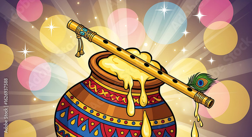 Illustration of a pot filled with butter and a flute adorned with a peacock feather on top of it