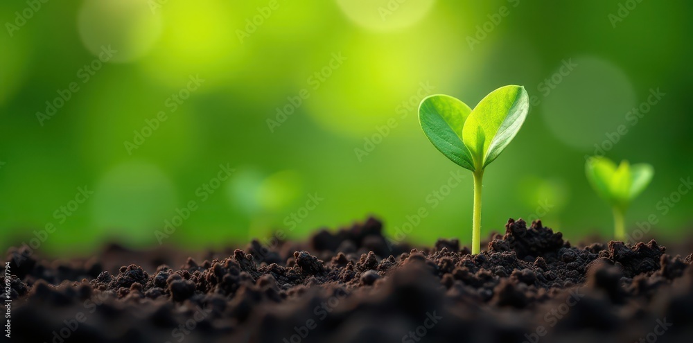 Naklejka premium Vibrant green sprouts emerging from rich soil , germination, vibrant