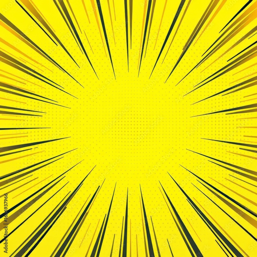 Fototapeta premium Abstract yellow comic book backdrop with ray and dot halftone pattern, banner, halftone