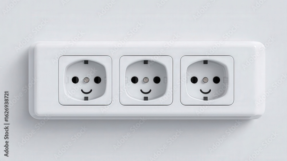 White wall electric power strip featuring three smiley compartments, isolated on a white background. Realistic, minimalist design with an electrical plug in focus. White wall electric power strip featuring three smiley compartments, isolated on a white background. Realistic, minimalist design with an electrical plug in focus.