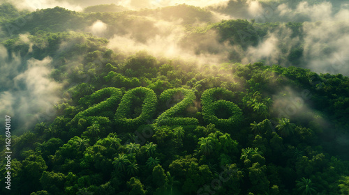 Fototapeta Naklejka Na Ścianę i Meble -  Lush green forest shaped into 2026. Environmental sustainability and future climate goals symbolized through nature and reforestation message.