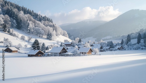 Quiet mountain hamlet blanketed in fresh snow beneath soft morning light