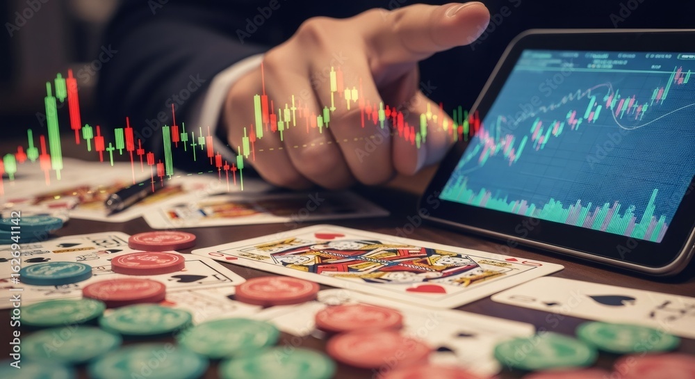 Fototapeta premium Man's hand pointing at financial graph over poker table, symbolizing economic risk and crisis for business investment.