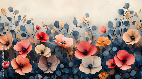 Elegant Floral Border A Collection of Pastel Poppies and Eucalyptus