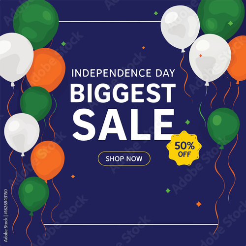 Independence Day Biggest Sale with Balloons and 50% Off Offer on a Blue Background