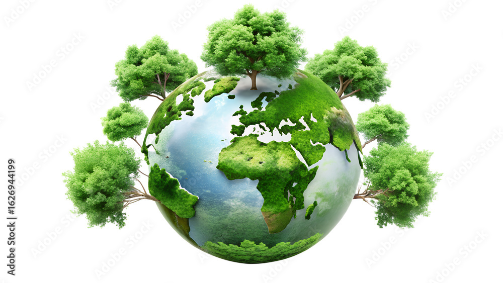 Planet earth with trees growing on it, symbolizing nature and environment, isolated on transparent background Planet earth with trees growing on it, symbolizing nature and environment, isolated on transparent background