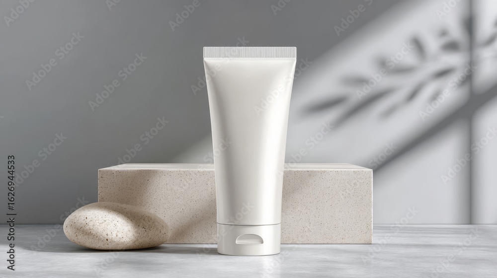 Naklejka premium White tube container with flip cap closure. Beauty cream packaging mockup. Clinical aesthetic