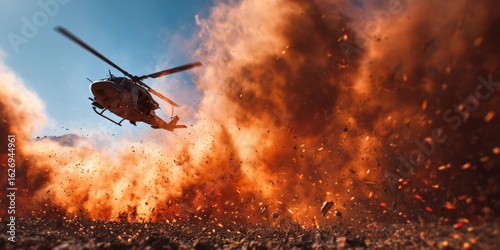Military Helicopter Over Battlefield with Soldiers Amid Explosions