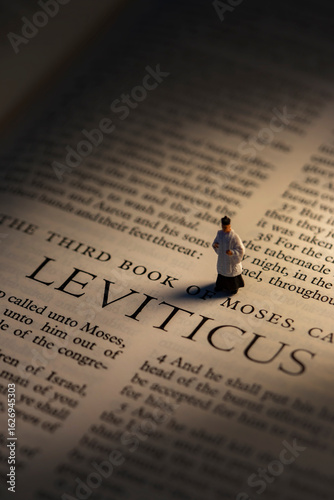 Принти на полотні Leviticus title bible page with a backlit miniature scale model priest standing on the page
