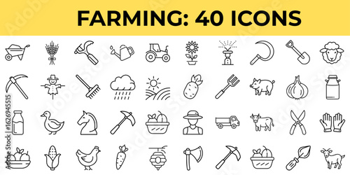 Farming icons set including tools, animals, and crops concepts  