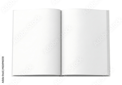 Open book with blank white pages, top view mockup for magazine or text. Isolated on transparent background, png