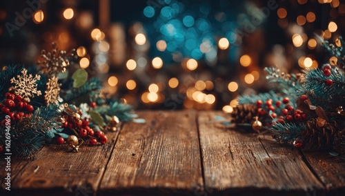 Festive christmas decorations on a rustic wooden surface.