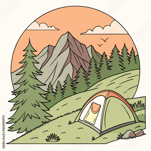 Mountain camping vector illustration with tent and sunset illustration of coloring page black and white