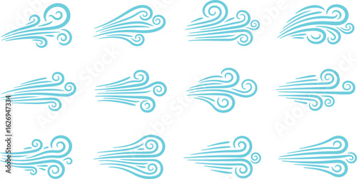 Collection of blue stylized wind gusts isolated on transparent background