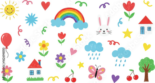 Collection of cute cartoon spring and summer elements isolated on transparent background